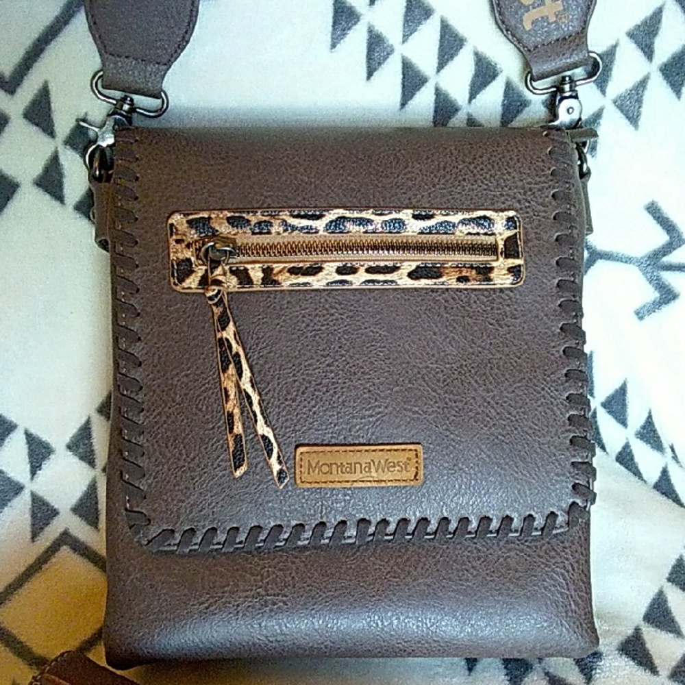 Montana West Dark Brown Crossbody Bag with Leopard Strap and MATCHING Wallet.